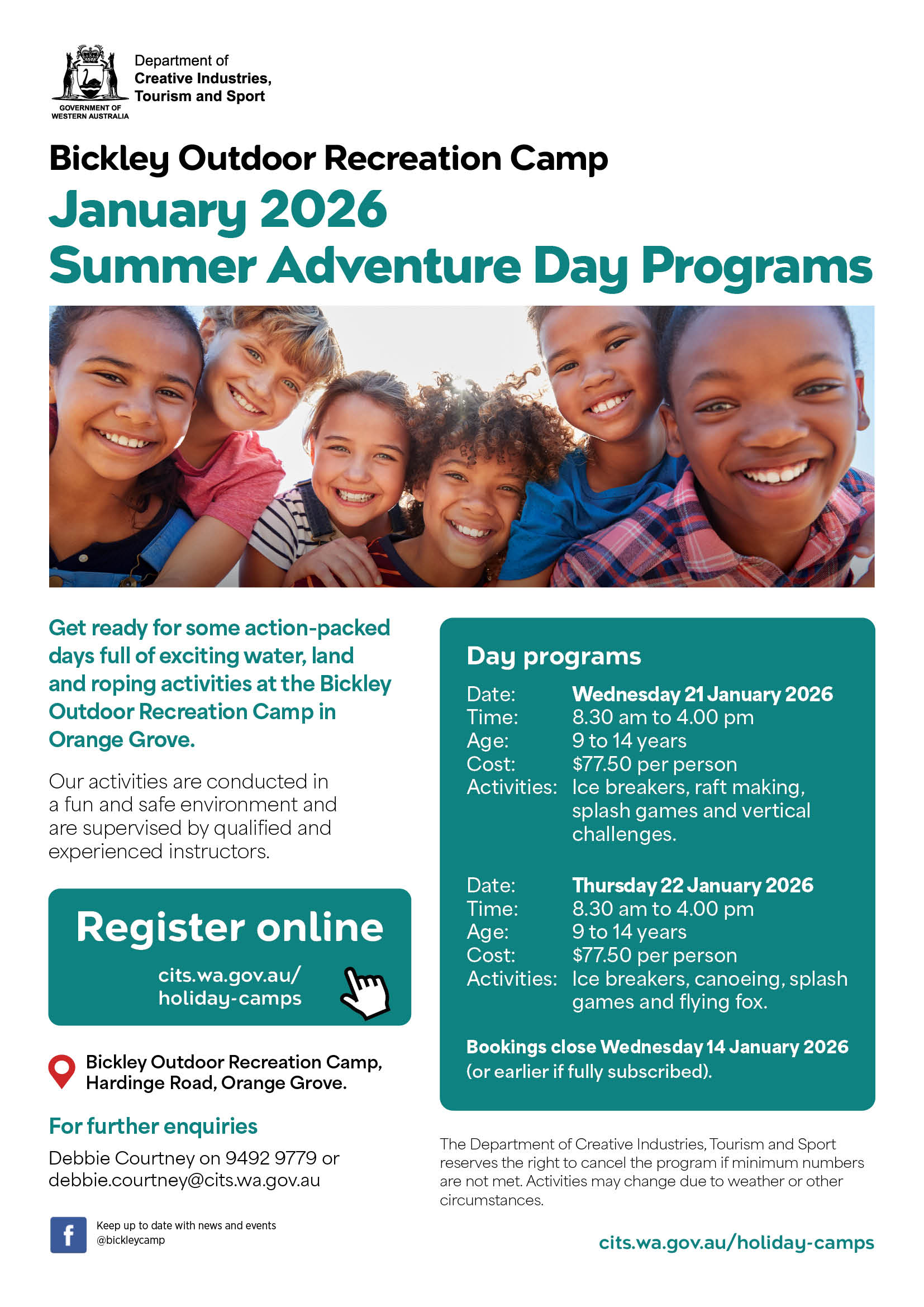 Poster for Bickley day programs - 21 and 22 January 2026 with photo of smiling children