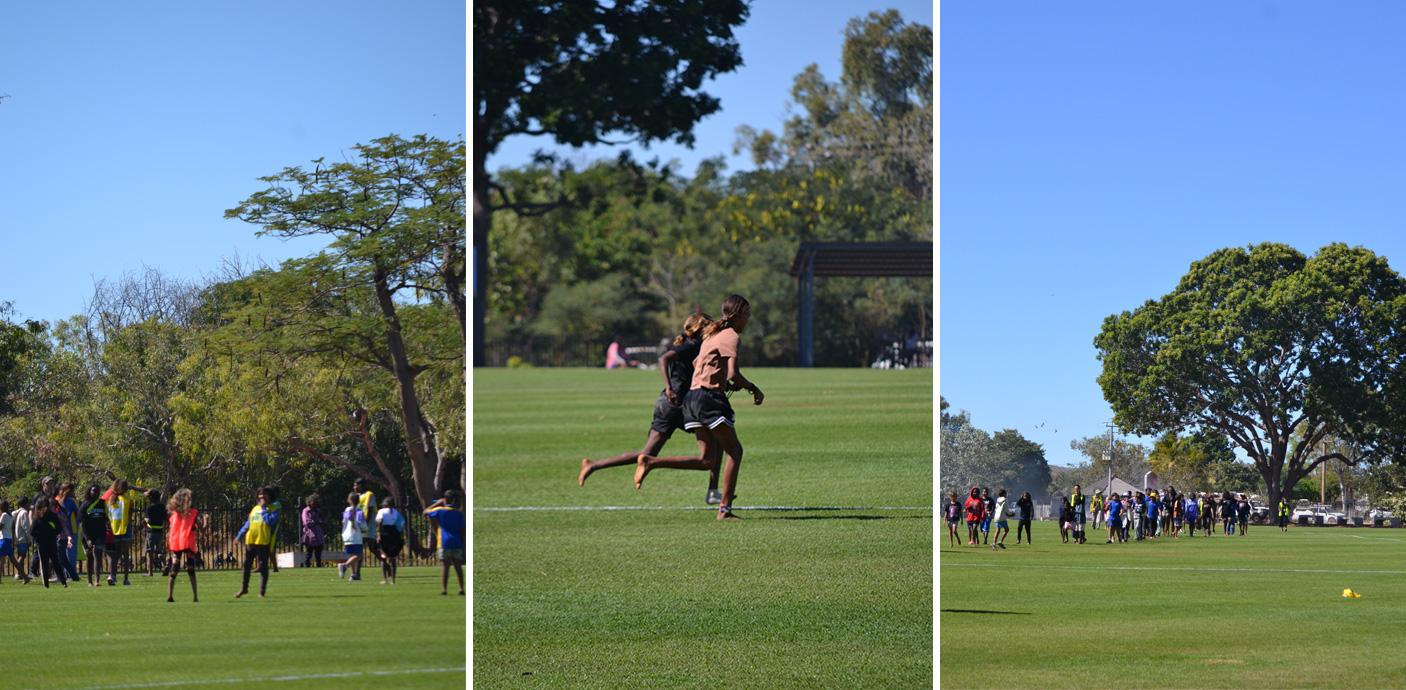 A montage of children playing on the Halls Creek Oval on a clear sunny day.