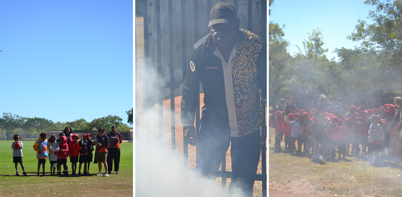 A montage of a smoking cermony and community members at the Halls Creek Oval