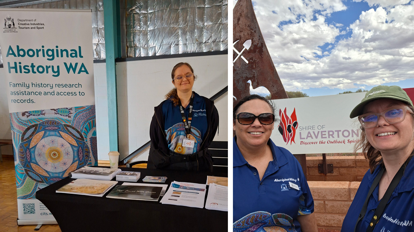 Two photos -  one of a staff member at the information stall, and the other outside of the Shire of Laverton office