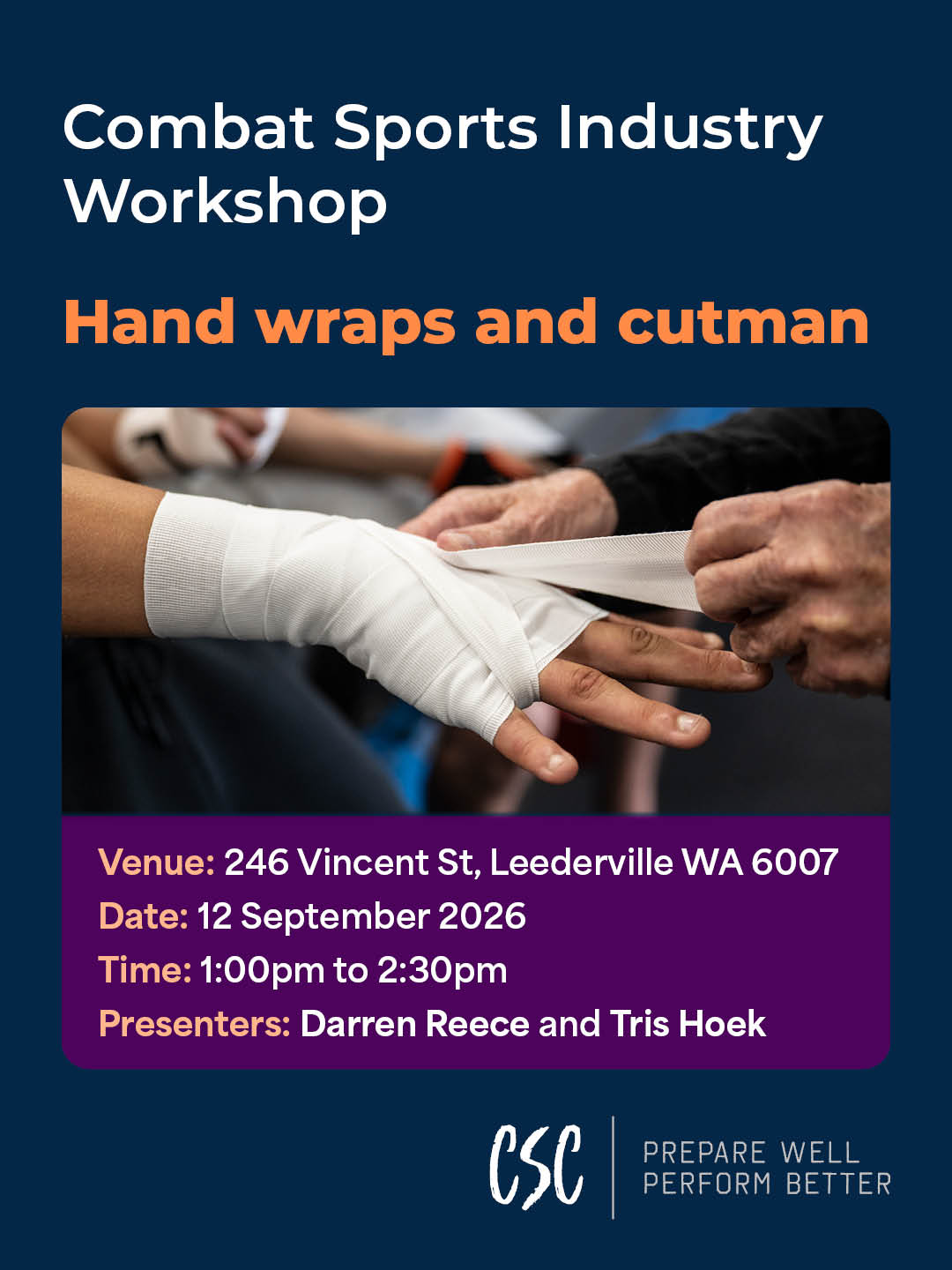 Poster for Handwraps and cutman workshop, with image of a bandaged hand.