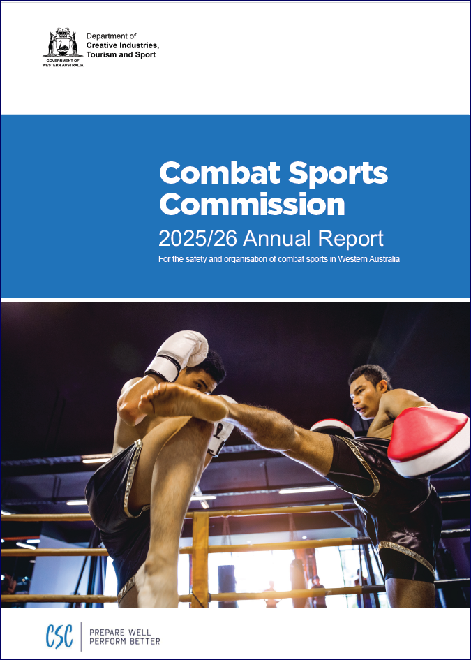 Cover of the Combat Sports Commission 2025/26 Annual Report. Features two combat sports athletes competing in a ring. Subtitle: “For the safety and organisation of combat sports in Western Australia”