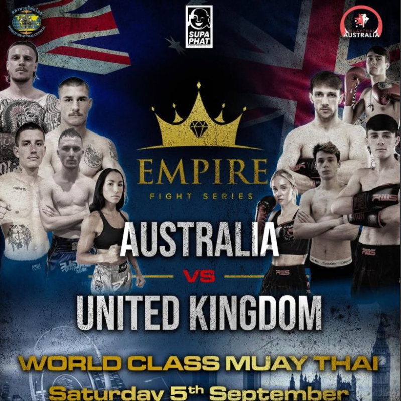 Poster for Empire fight series Australia versus United Kingdom with images of male and female fighters