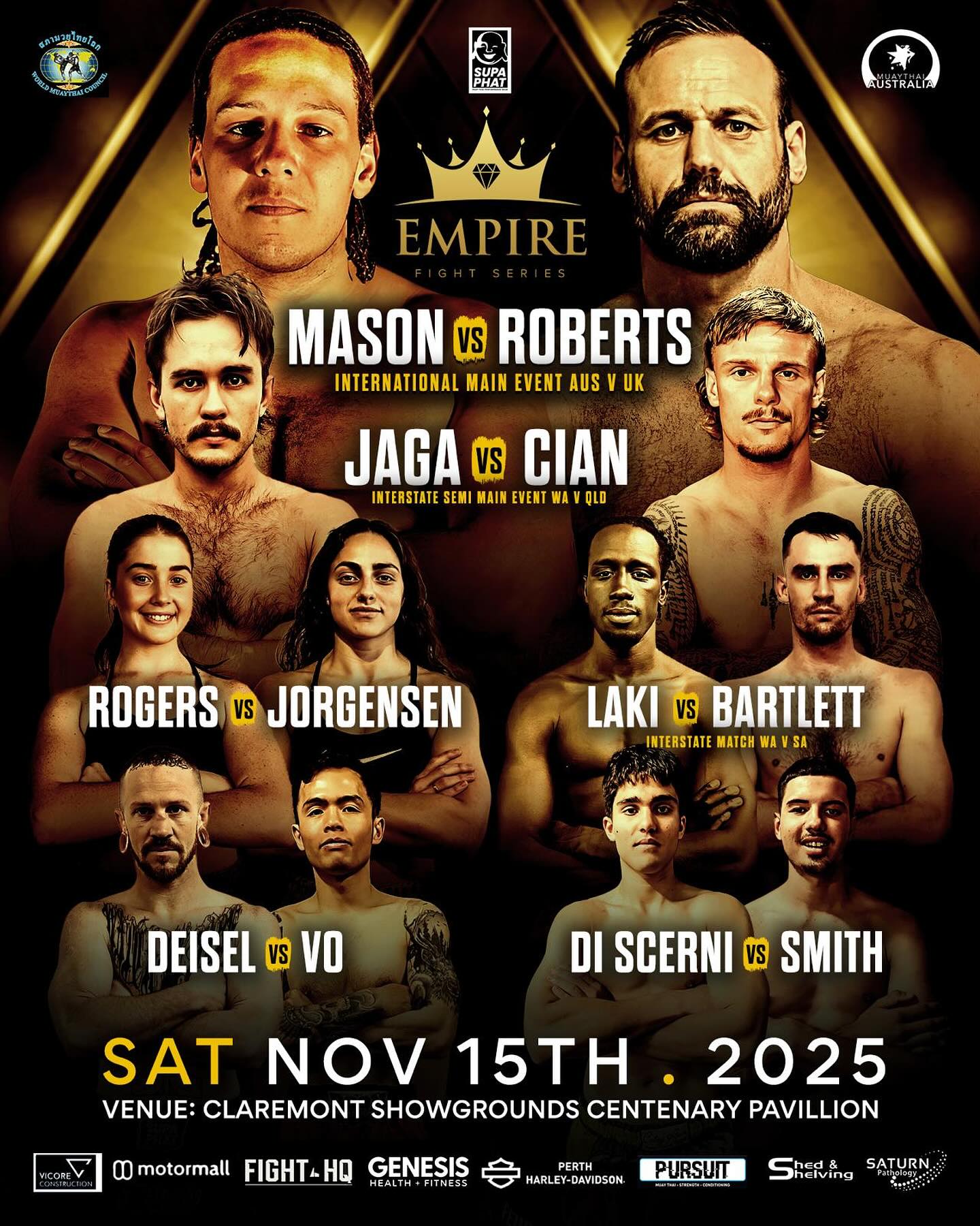 Poster for Empire fight Series 15 November 2025, Claremont Showgrounds. with images of 12 fighter.