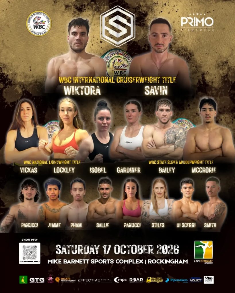 Poster for Muay Thai Super Series- Saturday 17 October 2026. With portraits of 16 female and male fighters