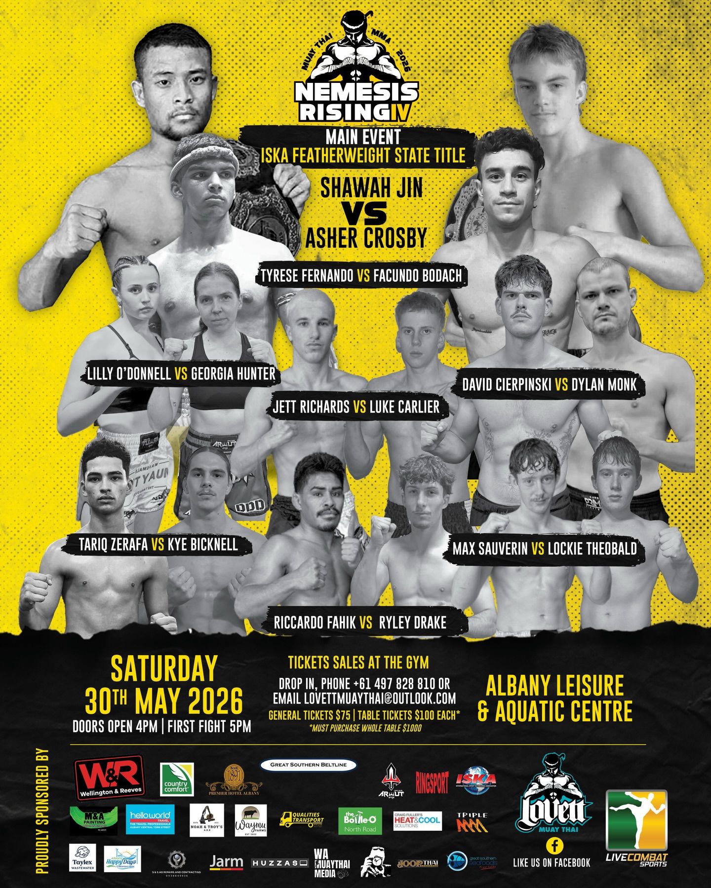 Poster for Nemesis Rising IV 30 May 2026, Albany Leisure and Aquatic Centre. Portraits of 16 male and female fighters.