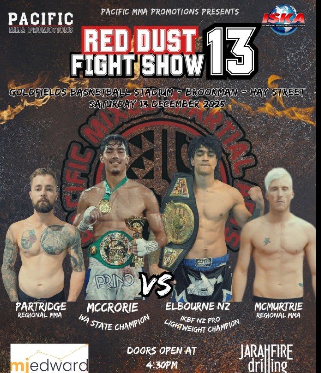 Poster for Red Dust fight show 13 on 13 December 2025. Images 4 male athletes.