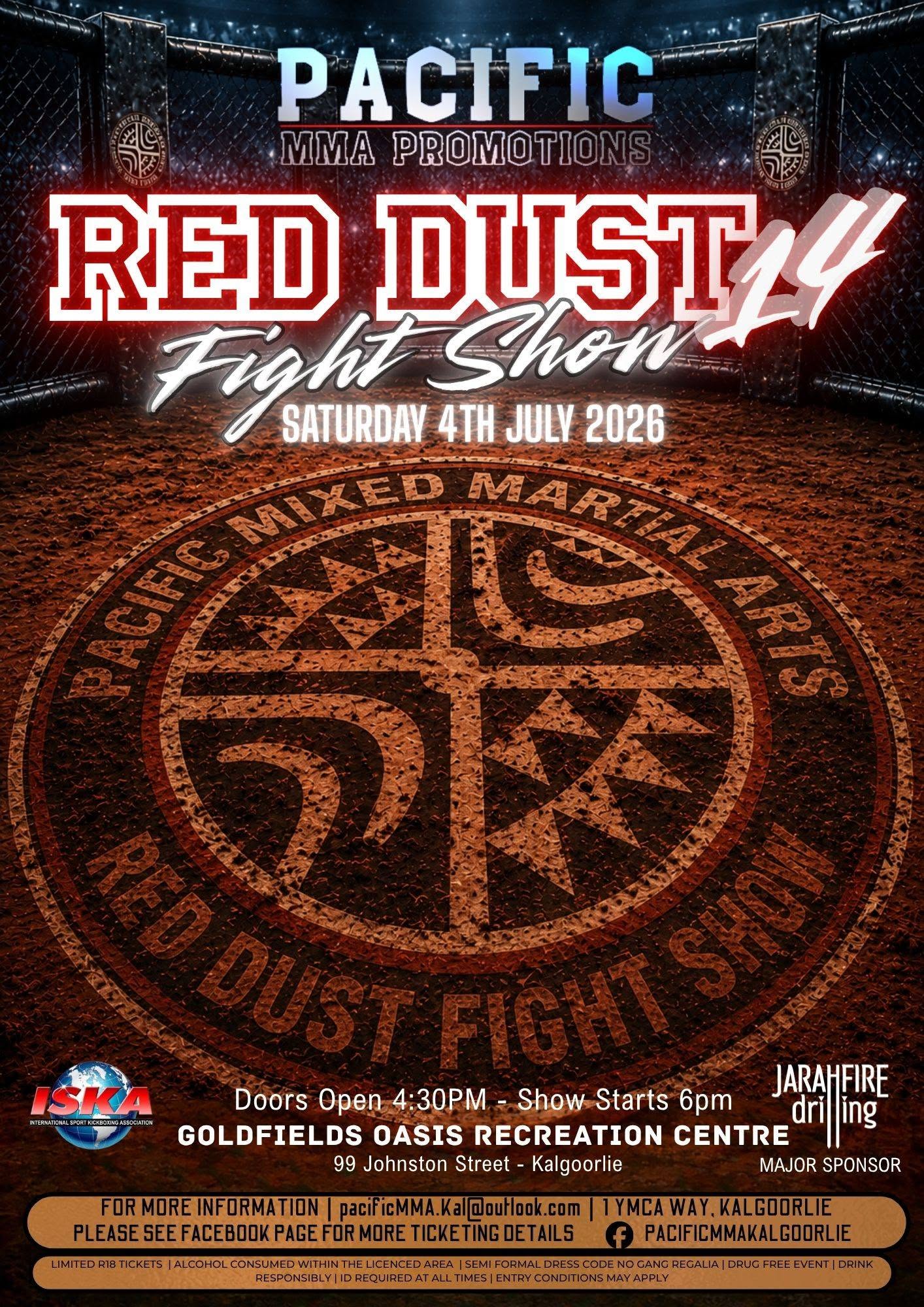 Poster for Red Dust Fight Show - Saturday 4 July 2026. Goldfields Oasis Recreation Centre.