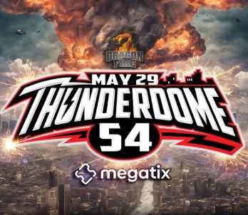 Poster for Thunderdome 54 on May 29, with AI generated scene of a city and fireball
