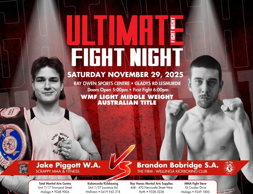 Poster for Ultimate Fight Night 29 November 2025 with images of Jake Piggott and Brandon Bobridge