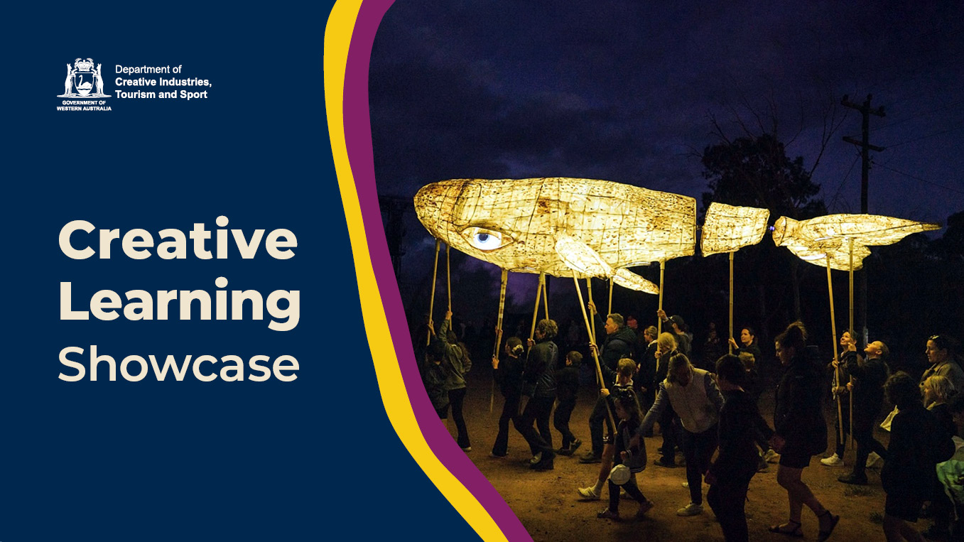 A photo of a giant whale puppet at night. Text reads Creative Learning showcase