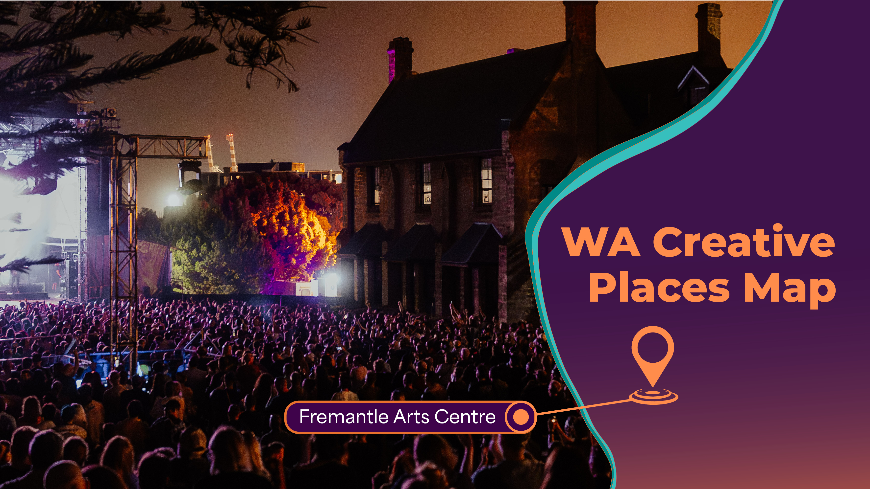 Fremantle Arts Centre at night with dramatic lighting. Text reads WA Creative Places Map