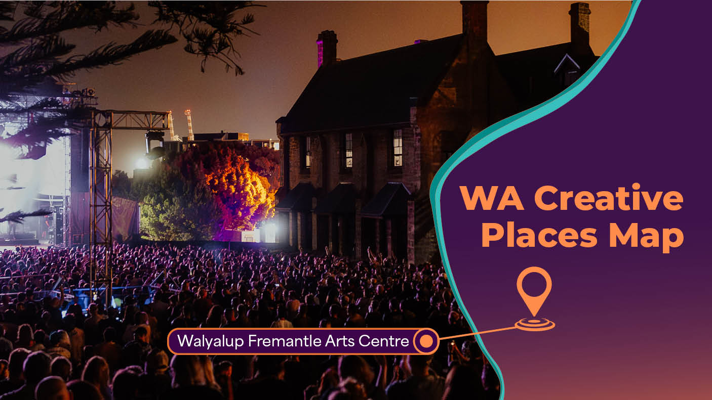 Fremantle Arts Centre at night with dramatic lighting. Text reads WA Creative Places Map