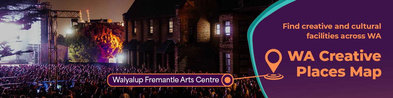 Fremantle Arts Centre at night, with dramatic lighting. Text reads WA Creative Places Map