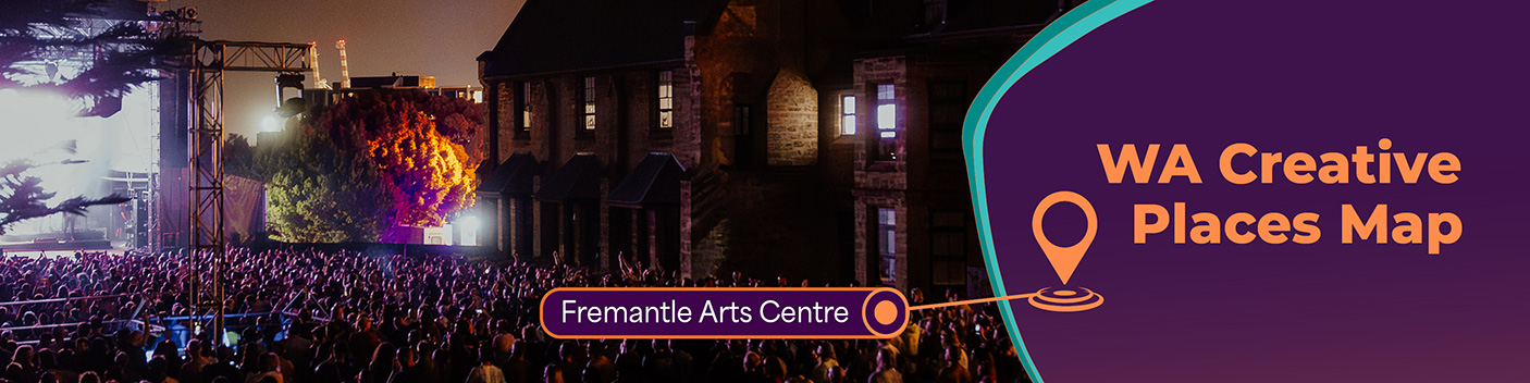 Fremantle Arts Centre at night, with dramatic lighting. Text reads WA Creative Places Map