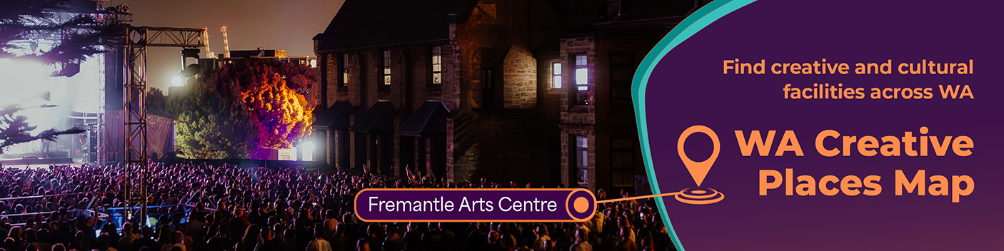 Fremantle Arts Centre at night, with textFind creative and cultural facilities across WA - WA Creative Places Map
