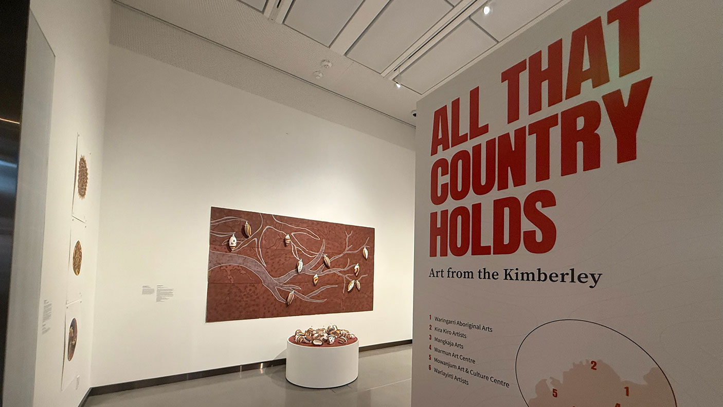 Exhibition sign "all that country holds' at entrance to art gallery