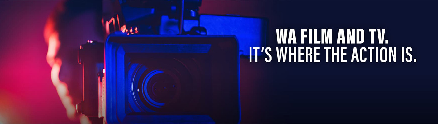 Aa close up of a TV camera and operator with text: WA film and TV. it's where the action is.