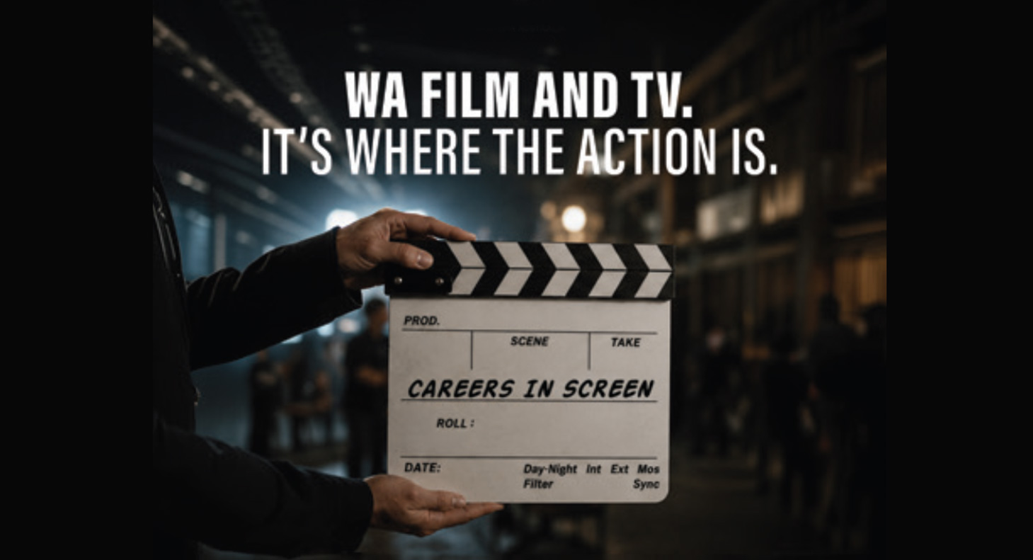 A film clapperboard with text: WA Film and TV. It's where the action is.