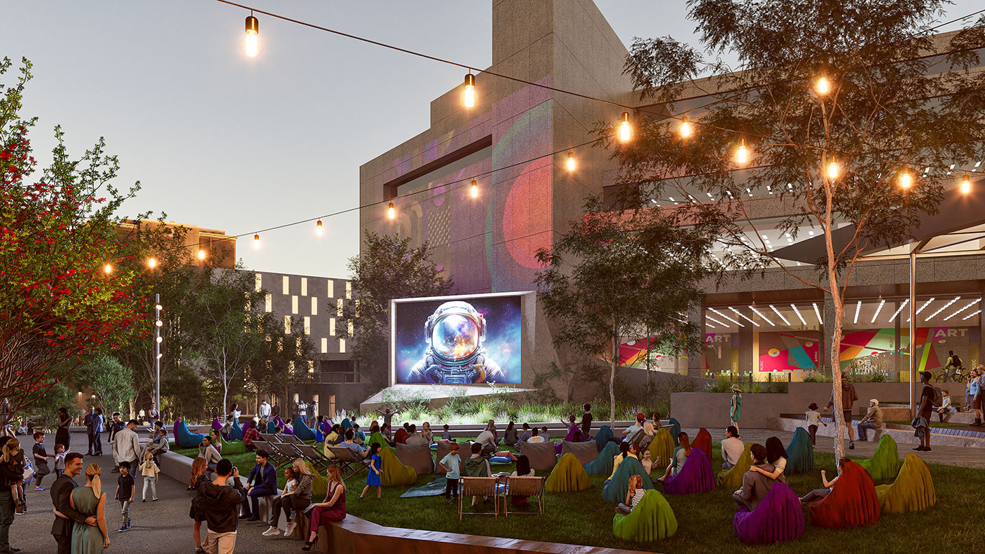 An architects render of a film festival at the Perth Cultural Centre