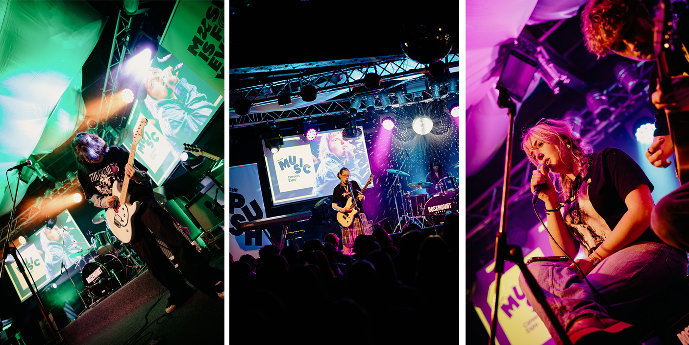 Three images of musicians and singers on stage