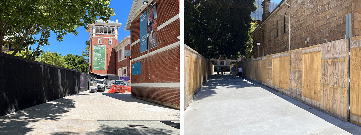 2 photos of the construction works and temporary walkways at the Perth Cultural Centre