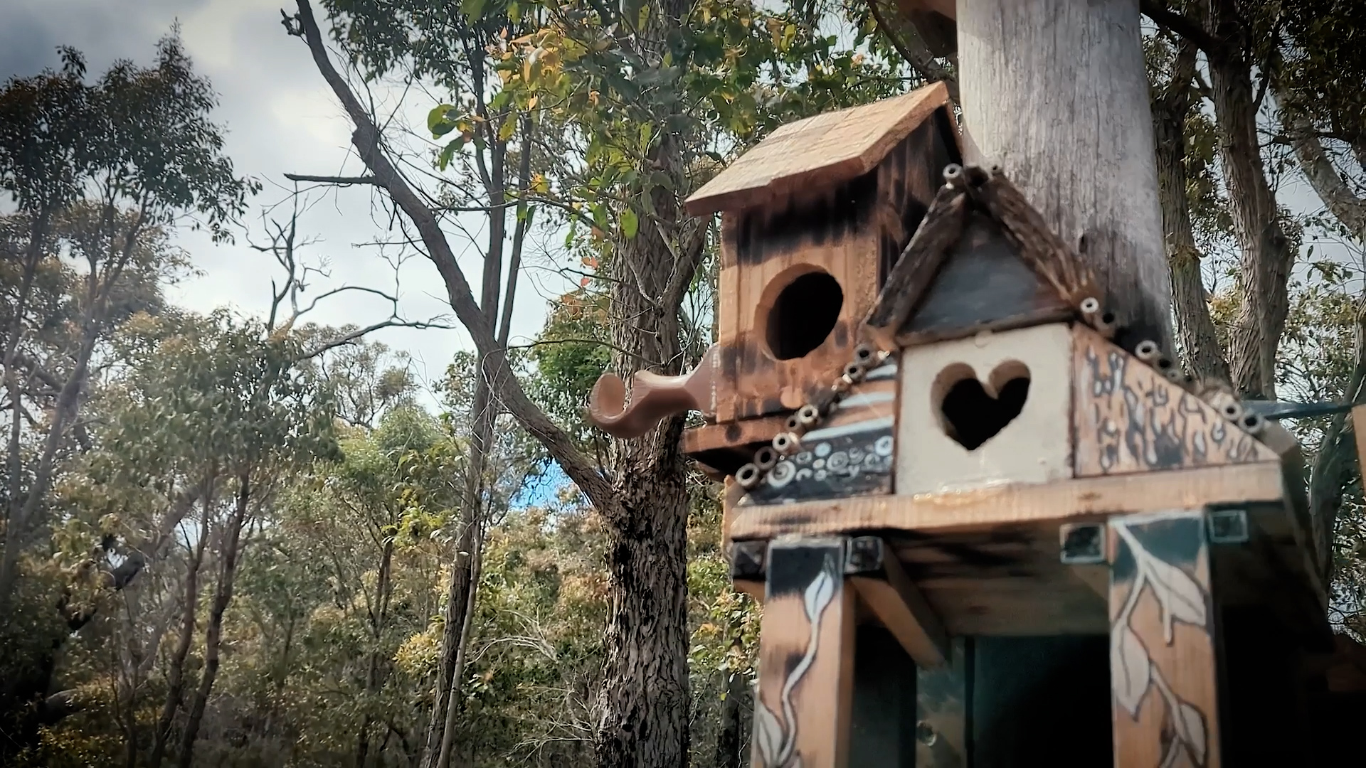 a variety of small huts made for birds and other wildlife as part of the Sculptural Habitats Southern Forest Art installation