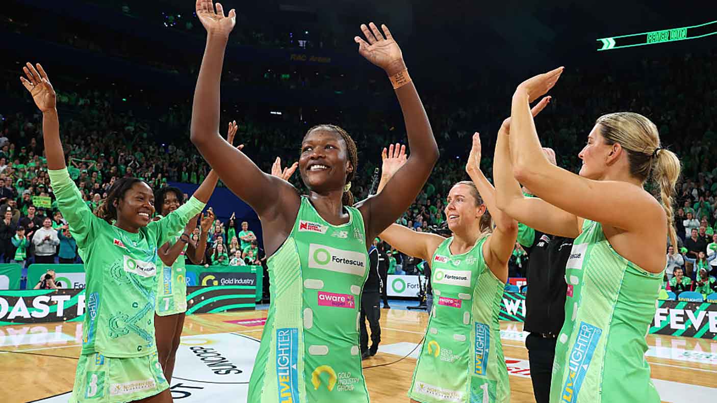 Sunday Aryang of the Fever acknowledges the supporters with team mates after winning the Super Netball Major Semi Final match between West Coast Fever and NSW Swifts at RAC Arena, on July 20, 2025, in Perth, Australia.