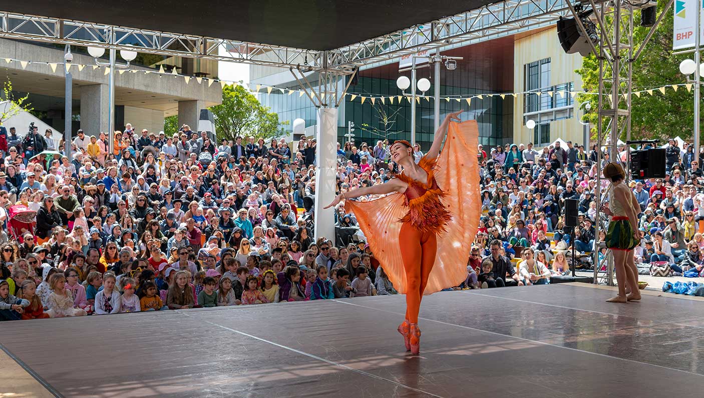 A performance artist on stage in the Perth Cultural Centre