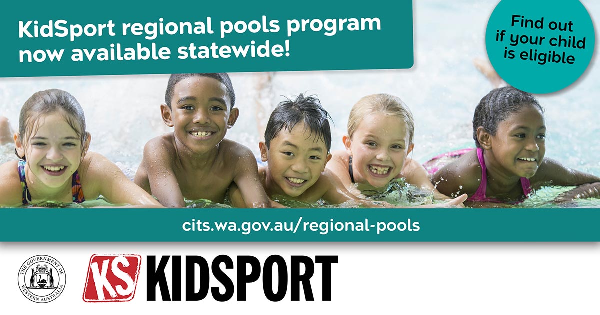 5 children lined up on the edge of a pool, smiling. Text reads Eligible kids can now get a seasonal swimming pass at participating regional pools