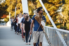 Ian Wilkes with audience members in ‘Galup’ at Perth Festival, 2021. Photo by Dan Grant.