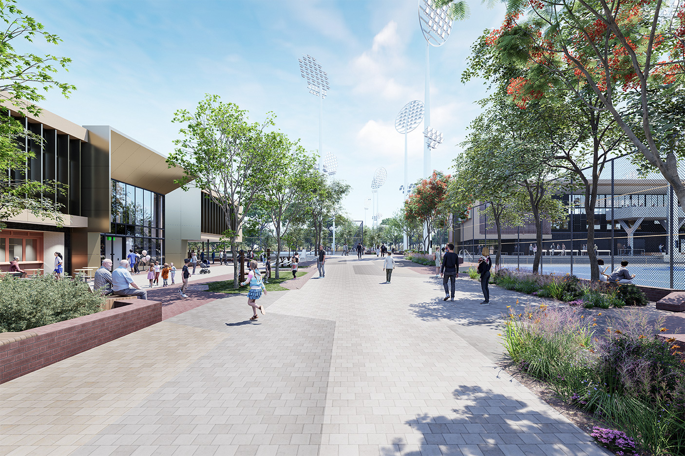 An architects impression of the central walkway at the Australian Hockey Centre