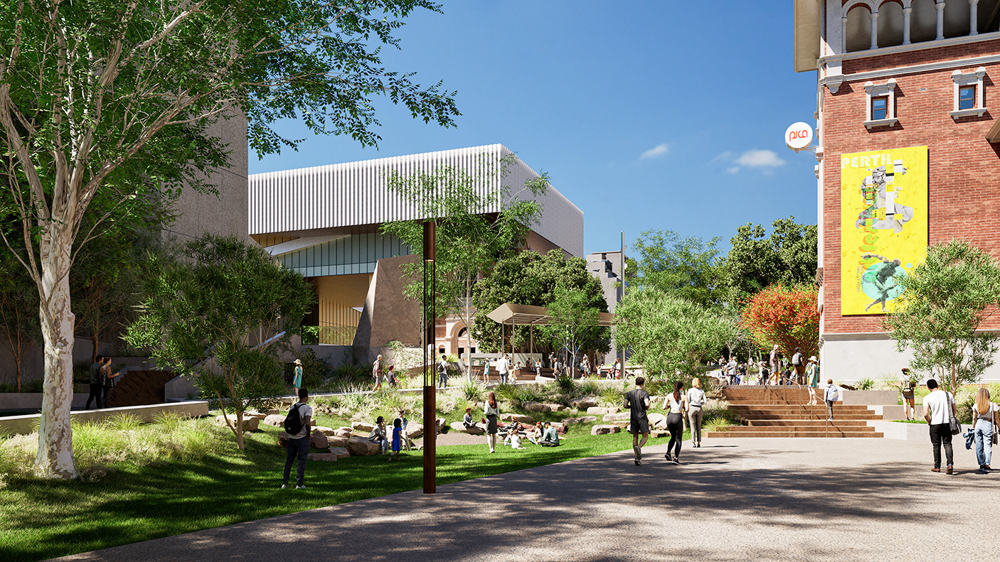 An architects vision of a grassed and paved outdoor space at the refurbished Perth Culture Centre