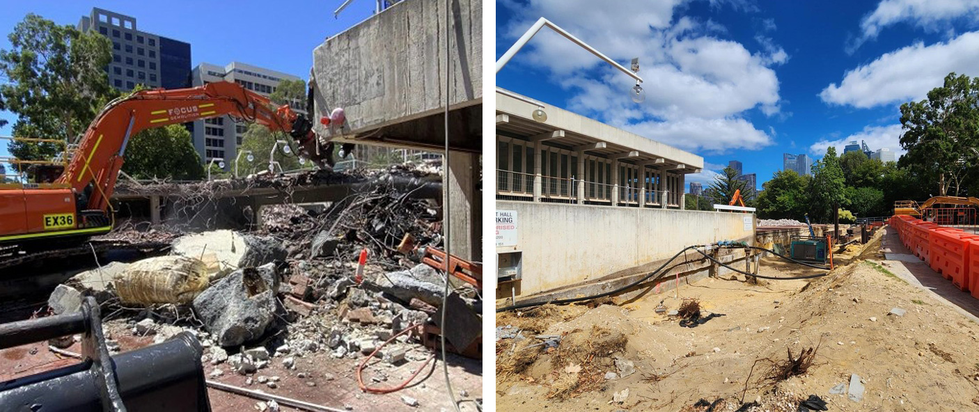 Two images show demolition works on the external areas of the Perth Concert Hall