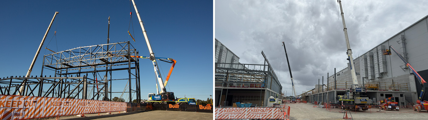 Montage of two photos of the early construction works at the Perth Film Studios, with partially completed buildings and cranes