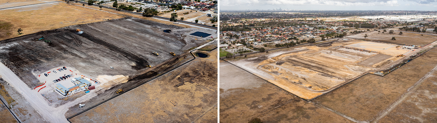 Montage of two photos of the early construction works at the Perth Film Studios, with partially completed buildings and cranes