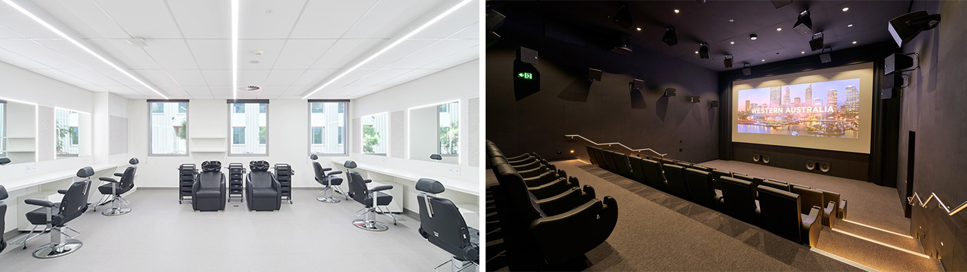2 photos of Perth Film Stuidos.  The makeup room, and a theatre room.