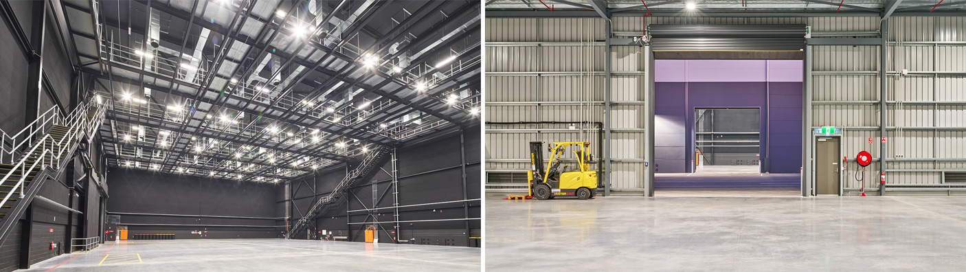2 photos of the studio space at Perth Film Studios
