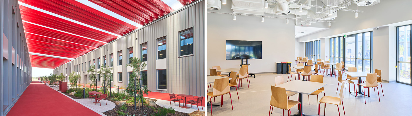 2 photos of the amenities at Perth Film Studios - the covered outdoor area, and a cafe.