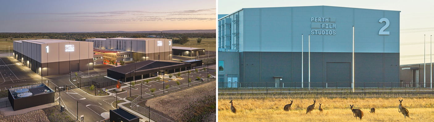 2 photos of the exterior of the Perth Film Studios complex
