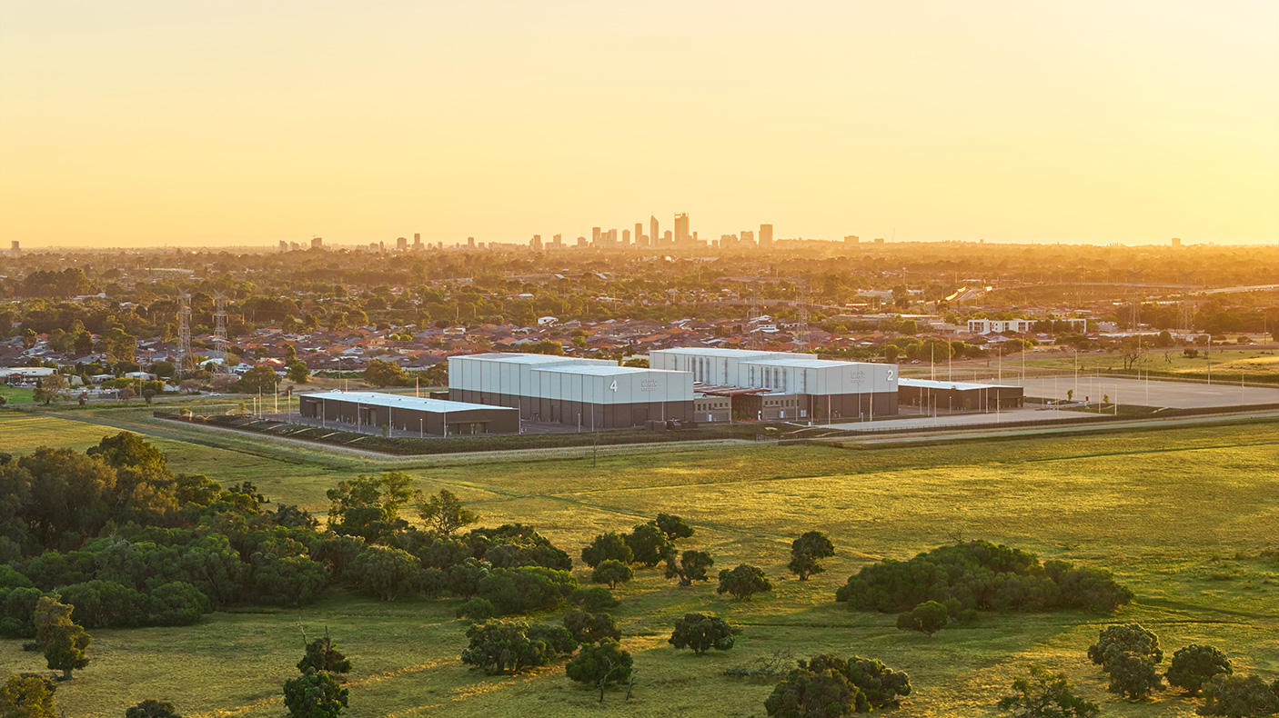 An aerial photo of the Perth Film Stuios with the Perth CBD in the far distance