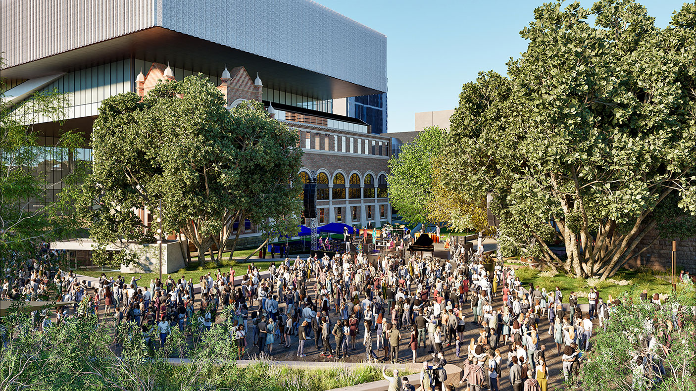 An architects render of a crowd of people enjoying the redeveloped Perth Cultural Centre