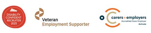 Disability Confident Recruiter, Veteran Employment Supporter and Accredited Carer Employer logos