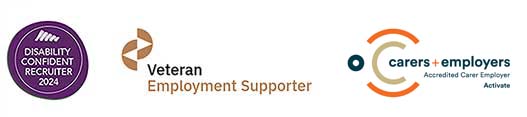 Disability Confident Recruiter, Veteran Employment Supporter and Accredited Carer Employer logos