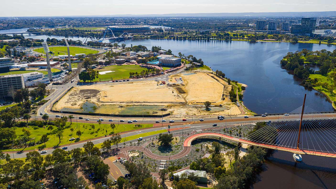 An aerial view of East Perth showing a empty construction site next to the WACA