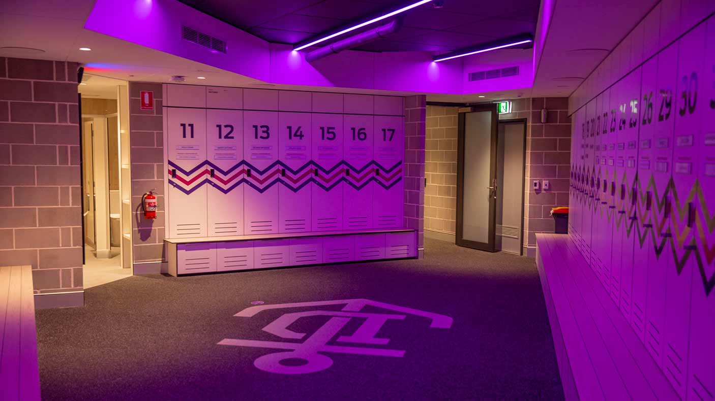 New empty change rooms bathed in purple light