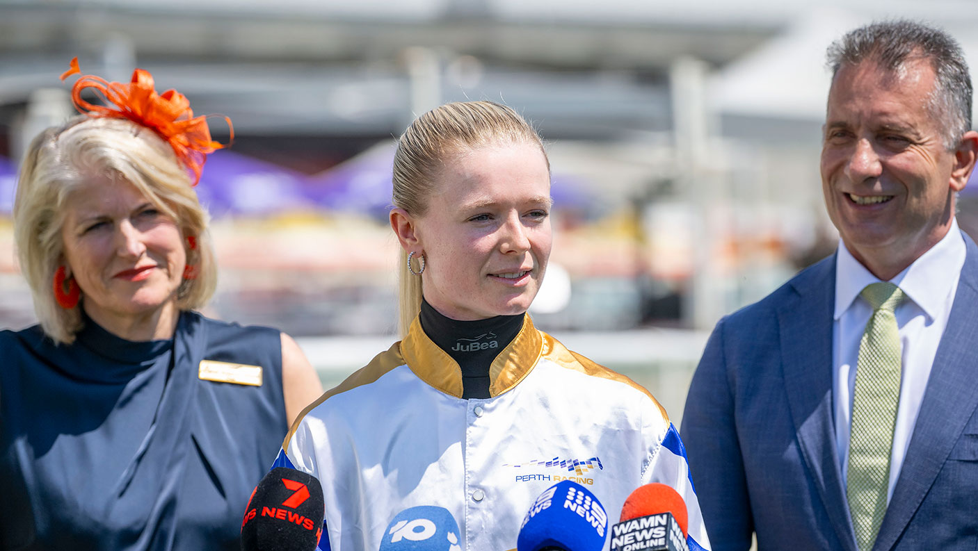 Perth Racing Chair Carol Adams OAM, jockey Lucy Fiore and Racing and Gaming Minister Paul Papalia.