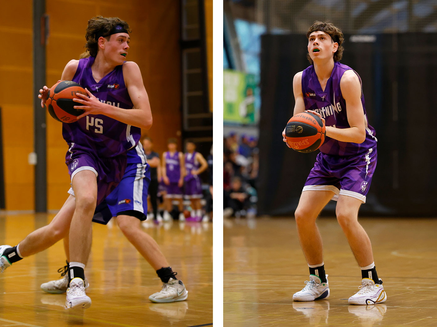 Two images of Basketball play Ethan Powell playing basketball