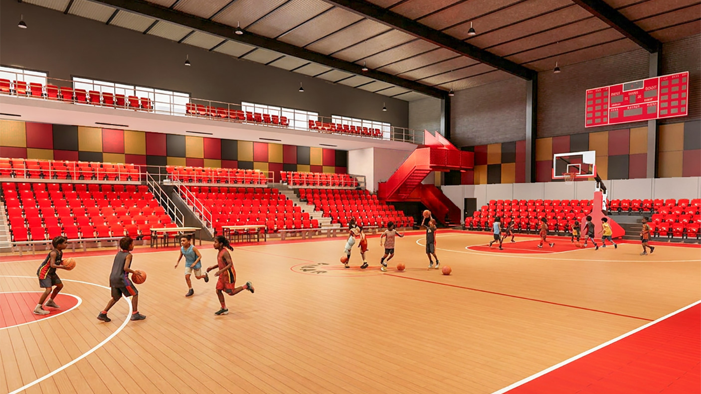 Architects render of the basketball court at the Binar Community Hub in Midland
