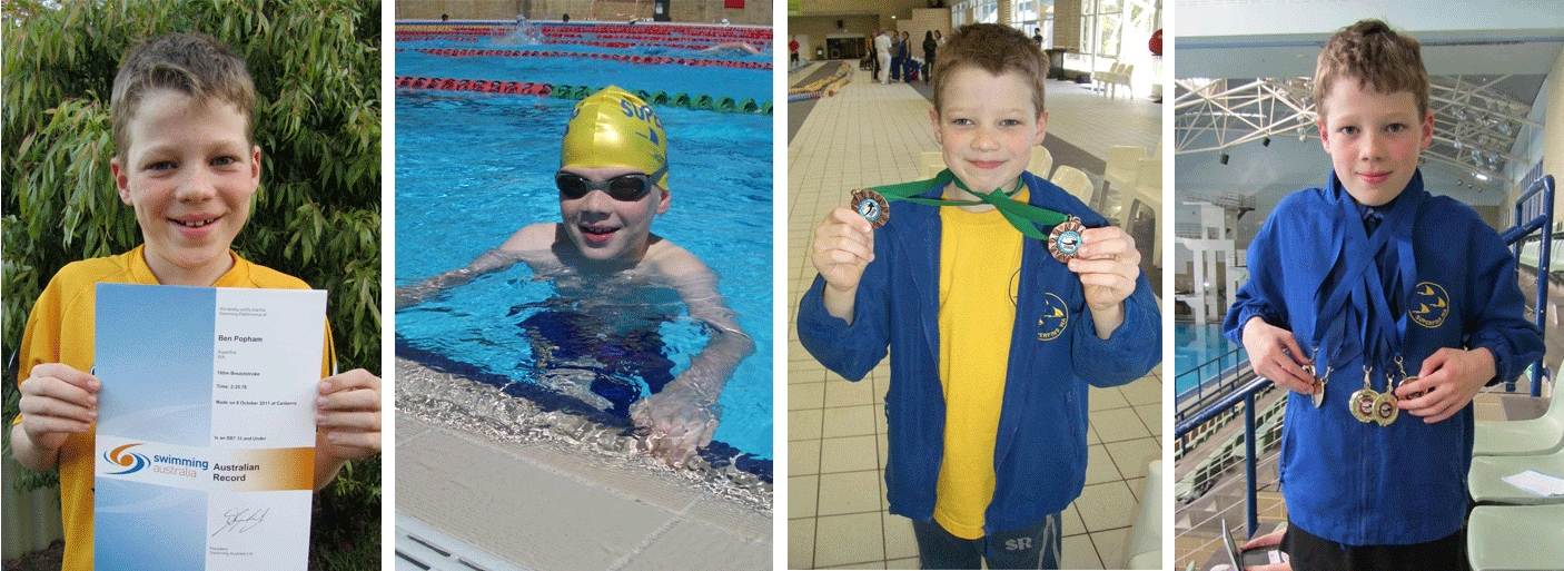 4 images of Ben Ppham as a child with various swimming awards